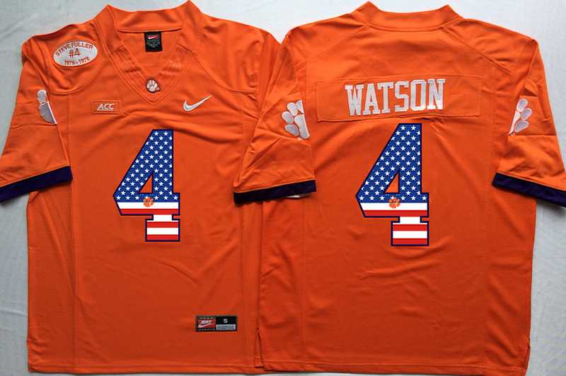 Clemson Tigers #4 Deshaun Watson Orange USA Flag College Stitched Jersey
